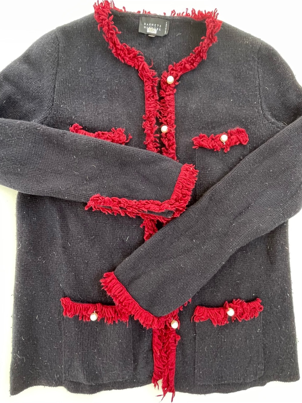 Barneys New York 100% Cashmere Cardigan XS Italy Black Red Fringe Pearl Y2K - Picture 6 of 9